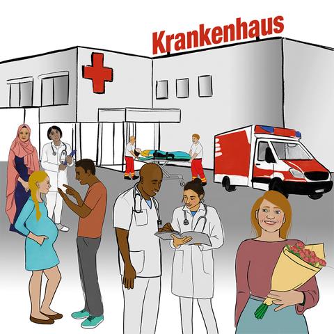 Auf dem Bild sind Krankenhaus, Patienten und Krankenhauspersonal zu sehen. 