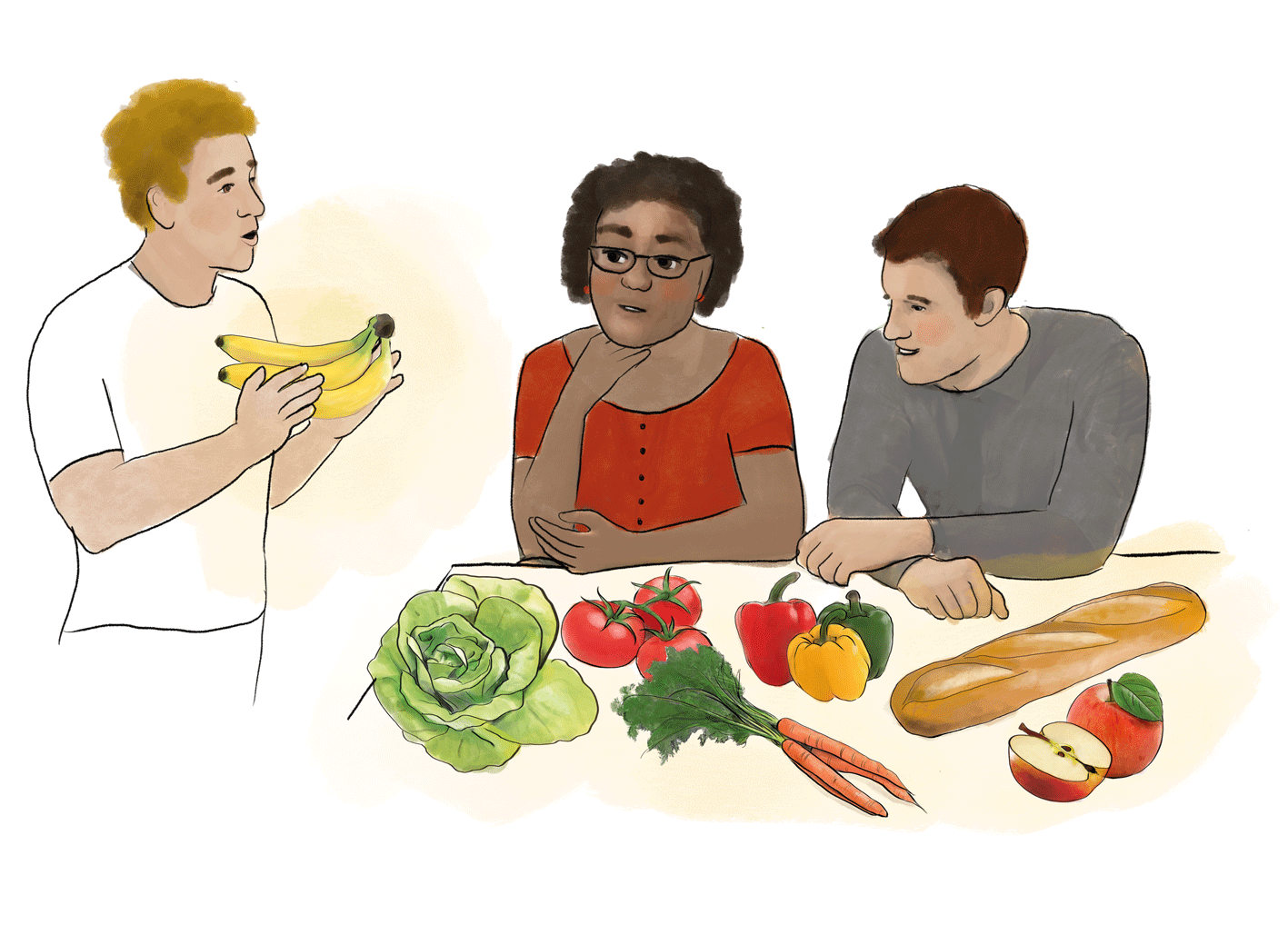 Abgebildet sind drei Personen an einem Tisch mit Lebensmitteln