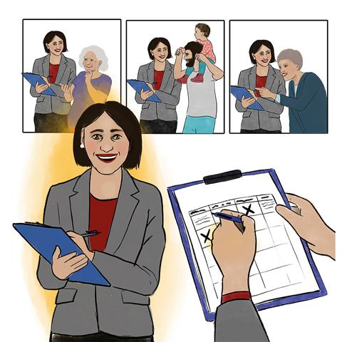 Abgebildet sind eine Frau, die sich Notizen macht