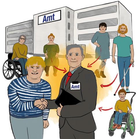 In der Mitte des Bildes steht ein Herr vom Amt - der Behindertenbeauftragte - und schüttelt die Hand einem Herrn links im Bild. Um ihn herum sind viele Menschen mit unterschiedlichen Behinderungen. Im Hintergrund ist ein Amt.