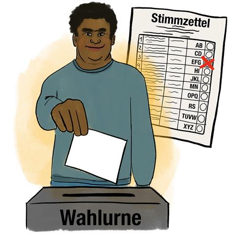 Ein dunkelhäutiger junger Mann wirft seinen Stimmzettel in die Wahlurne. Rechts daneben ist eine vergrößerte Ansicht des Stimmzettels.